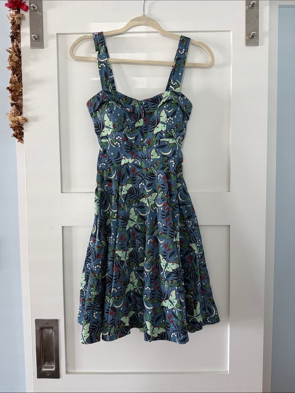 Blue Luna Moths and Floral Fit-and-Flare Mini Dress with Sweetheart Neckline